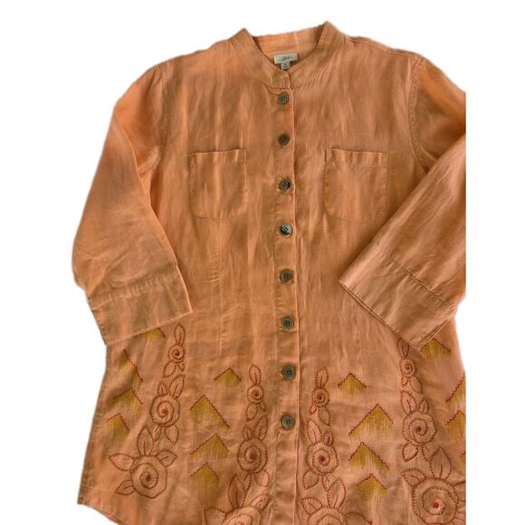 J. Jill Women's Medium 100% Linen Embroidered Tunic Top Peach 3 Quarter Sleeve - Picture 3 of 16